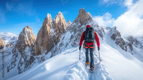 Climber in red jacket trekking through the snowy Alps under bright sunlight