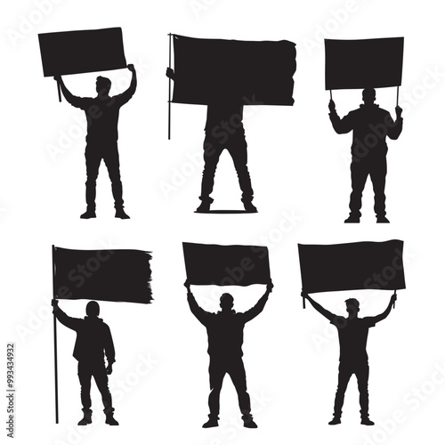 vector set of black silhouette man holding poster banner. Civil protest, democratic freedom