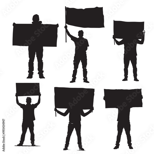 vector set of black silhouette man holding poster banner. Civil protest, democratic freedom
