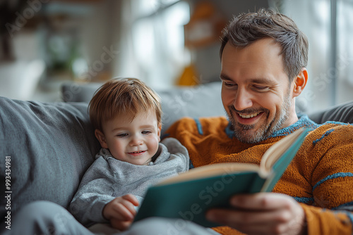 A father and young son are sitting on a couch, reading a book together