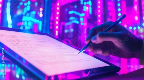 An electronic signature concept, where a businessman signs electronic documents on a virtual laptop screen using a stylus pen. The idea of a paperless workplace. photo