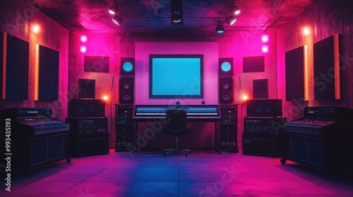 Modern music studio with soundproof walls and bright lights