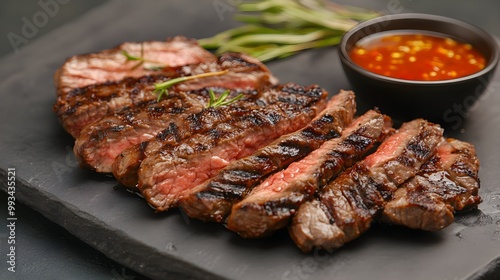 Juicy, perfectly grilled beef slices served on a hot plate accompanied by a tangy and spicy dipping sauce, creating a mouth-watering classic appetizer experience 