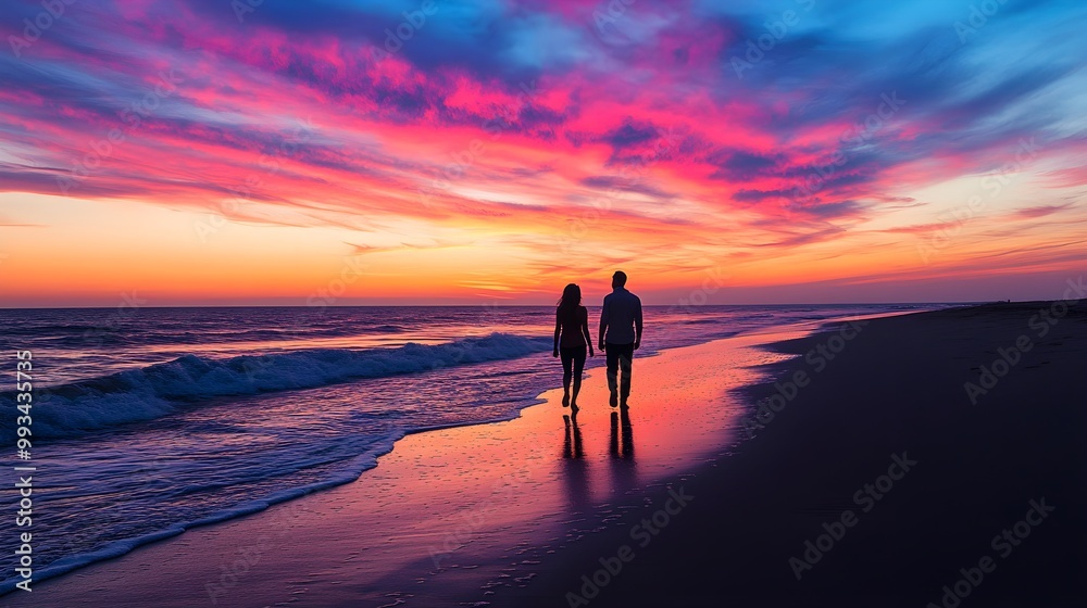 Naklejka premium A couple walking hand-in-hand along a sandy beach during a vibrant Sunday sunset, silhouetted against the colorful sky, capturing the essence of Sunday love and romance 