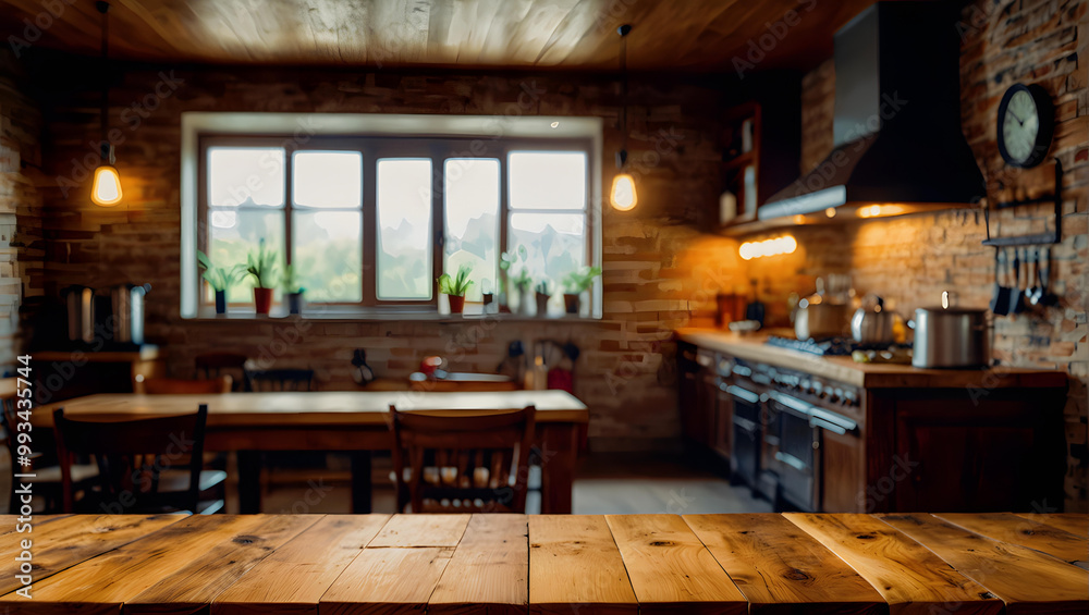Modern rustic kitchen with a warm and inviting atmosphere. The layout features a large wooden island in the center, surrounded by wooden chairs with curved backs. 