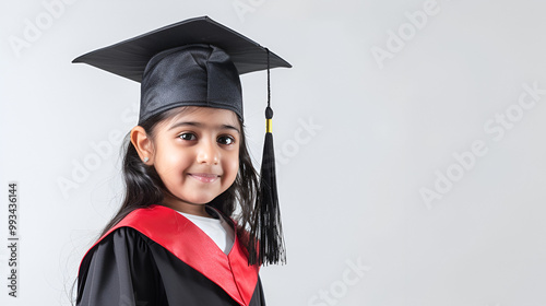 Wesra graduation white against white background text space; beautiful small Asian school girl