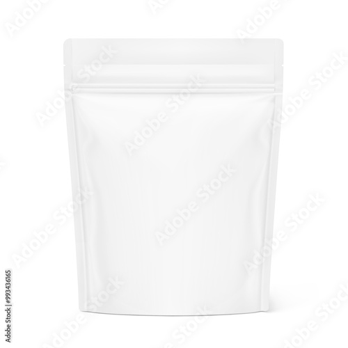 Realistic stand up pouch bag with zip lock mockup with transparent shadow. Front view. Vector illustration isolated on white background. Ready for your design. EPS10.