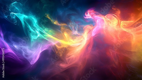 A mesmerizing creature composed of wisps of rainbow-colored smoke, floating in a surreal, dream-like setting, with its form constantly changing in a blend of vibrant colors 