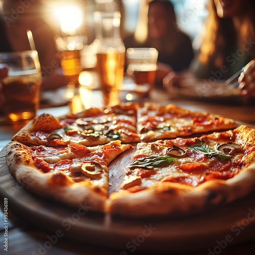 Wallpaper Mural Close up of a pepperoni pizza with mushrooms and basil on a wooden board with blurred background of people and drinks. Torontodigital.ca