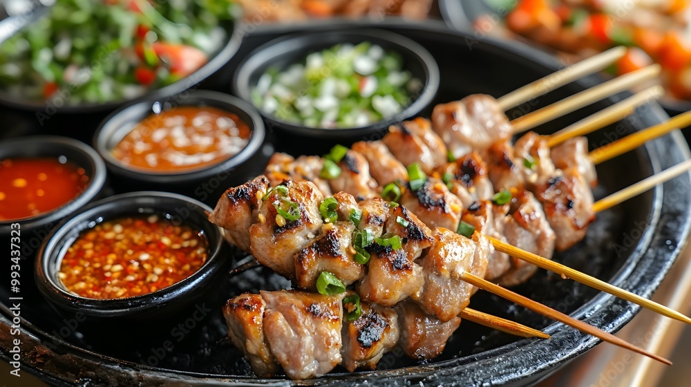 Close-up of juicy grilled pork skewers on a hot plate, accompanied by small bowls of dipping sauces, showcasing the flavors of authentic Thai street cuisine Close-up of juicy grilled pork skewers on a hot plate, accompanied by small bowls of dipping sauces, showcasing the flavors of authentic Thai street cuisine
