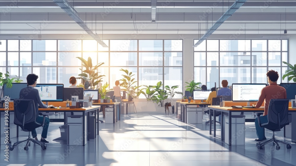 People working in a spacious modern office with computers People working in a spacious modern office with computers
