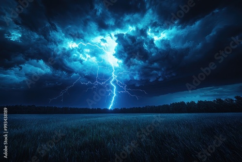 Bright lightning bolt strikes under massive dark blue storm clouds over a grassy field at night Generative AI