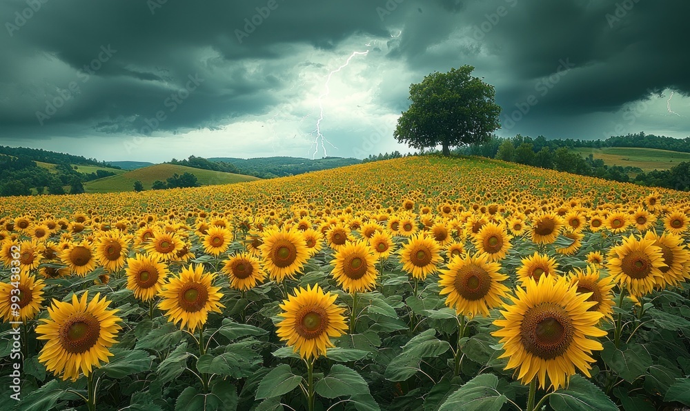 Fototapeta premium Sunflower field with solitary tree under dark stormy sky as lightning strikes in the distance Generative AI