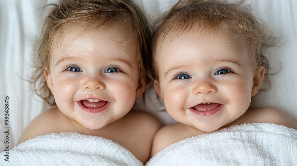 Happy identical twins smiling together in cozy home setting Happy identical twins smiling together in cozy home setting