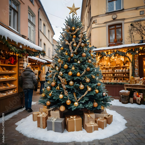 christmas decoration tree in the shop winter street market photo