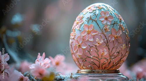 Decorative Easter Egg with Floral Pattern and Pink Flowers