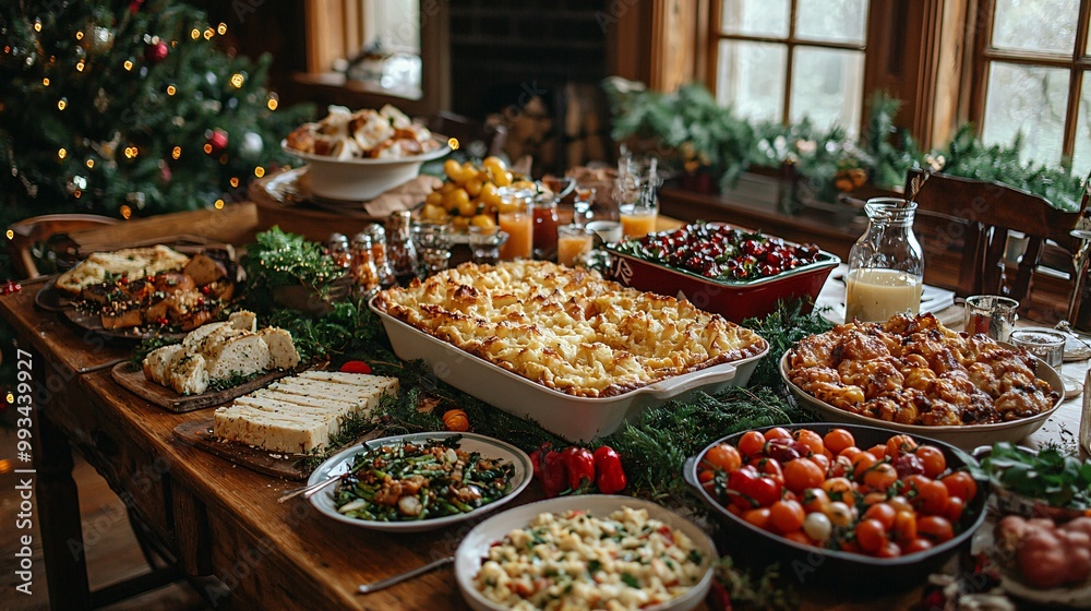 Fototapeta premium Festive Christmas Dinner Table Setting with Gourmet Dishes