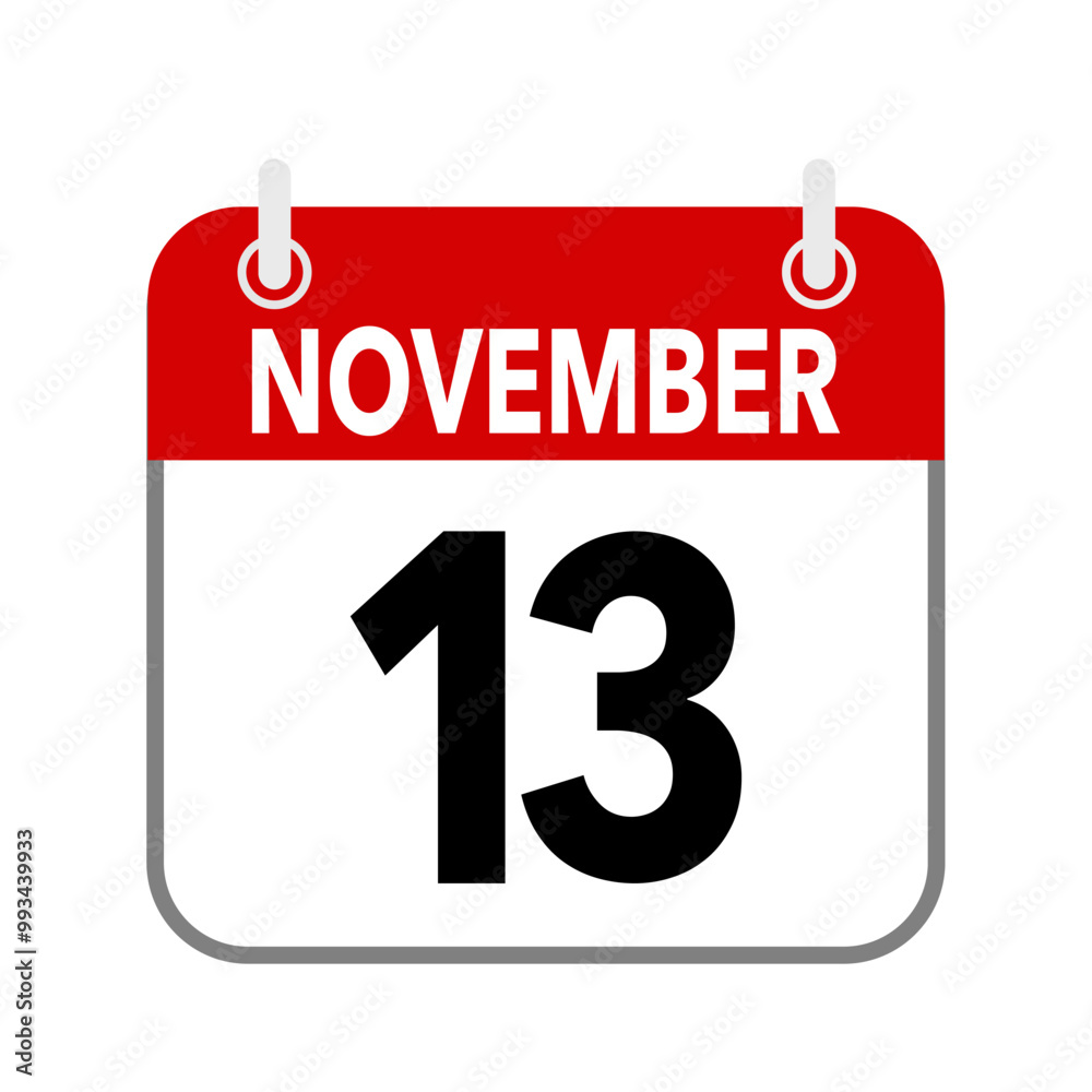 Fototapeta premium 13 November, calendar date icon on white background.