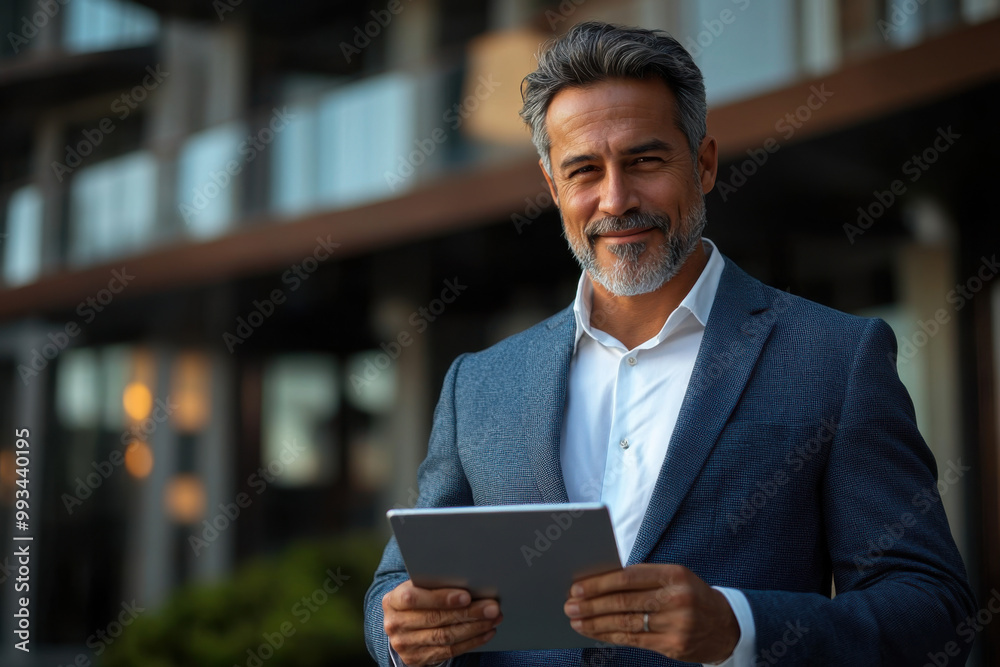Focused successful mature Indian or Latin entrepreneur businessman holding digital pc tablet standing outdoor at business office building. Hispanic smiling man in suit working using touchpad computer Focused successful mature Indian or Latin entrepreneur businessman holding digital pc tablet standing outdoor at business office building. Hispanic smiling man in suit working using touchpad computer