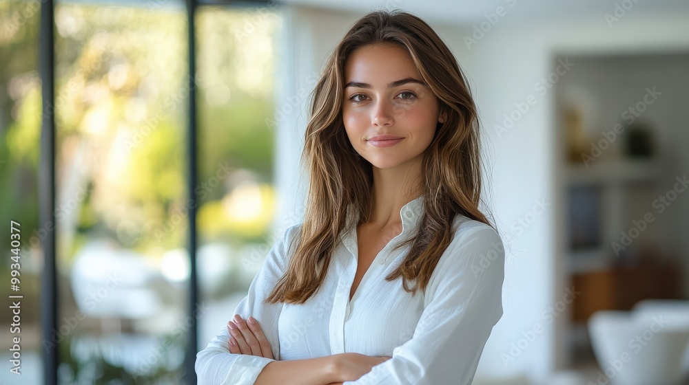 Real estate agent confidently standing in modern, light-filled home Real estate agent confidently standing in modern, light-filled home