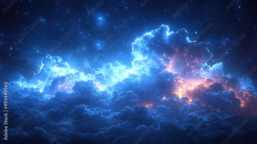 Obraz premium Glowing electric blue clouds with lightning flashes illuminating a dark, star-filled sky creating a surreal celestial scene Generative AI