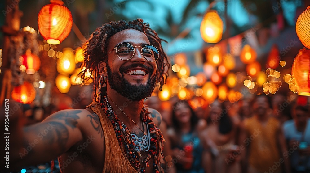 Happy Man with Dreadlocks at a Festival with String Lights Happy Man with Dreadlocks at a Festival with String Lights