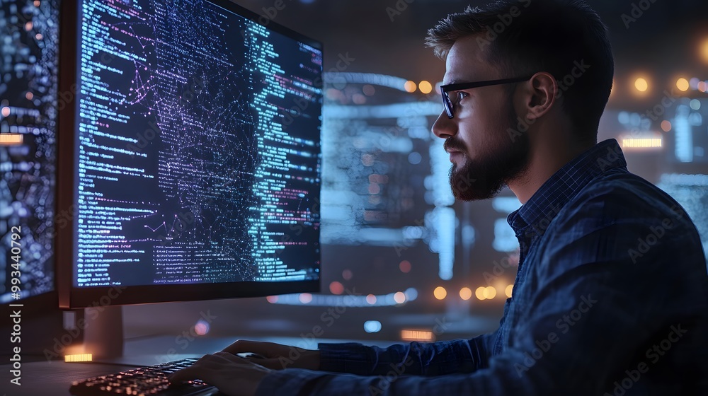 A Man Focused on Code in a Dark Room with Blurry Lights A Man Focused on Code in a Dark Room with Blurry Lights