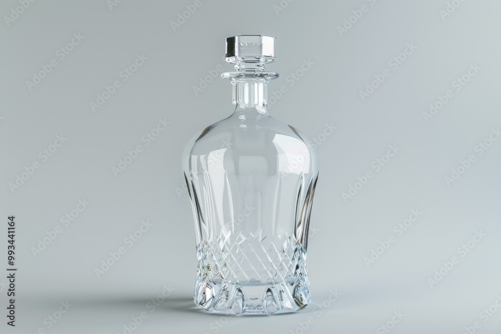 A single clear glass bottle sits on a table, perfect for use in still life photography or as a prop for other scenes A single clear glass bottle sits on a table, perfect for use in still life photography or as a prop for other scenes