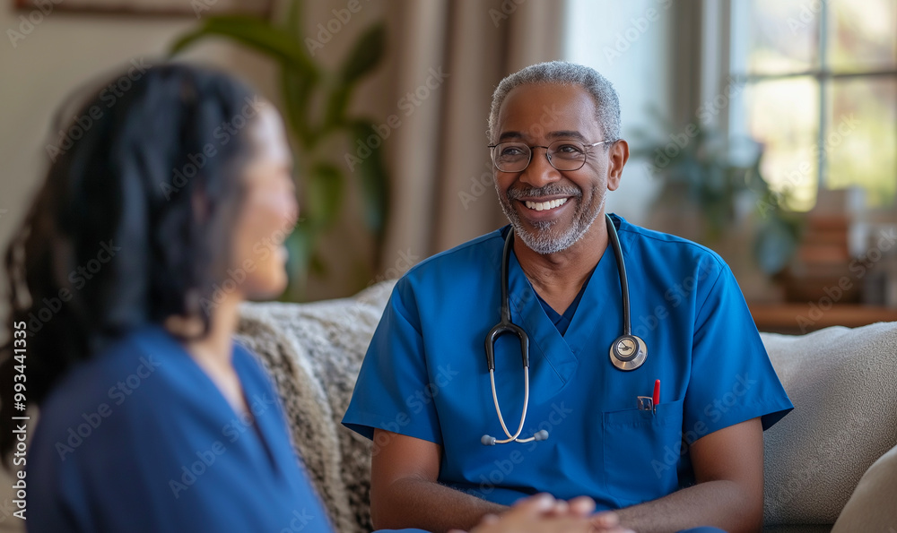 Smiling doctor having a friendly consultation with a patient in a comfortable, home-like setting, highlighting trust and personal connection in healthcare. Smiling doctor having a friendly consultation with a patient in a comfortable, home-like setting, highlighting trust and personal connection in healthcare.