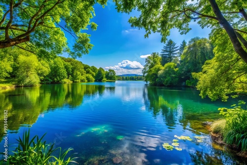 Relaxing Day Off: Tranquil Nature Scene with Lush Greenery, Calm Water, and Clear Blue Sky