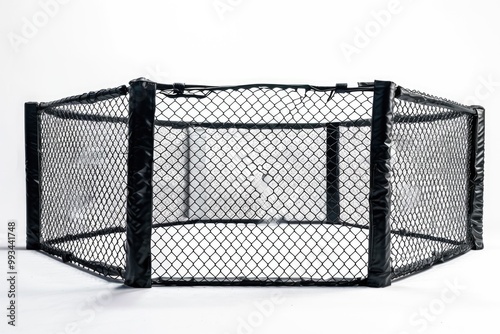 A close-up shot of a black metal cage with a plain white background, ideal for use in abstract or minimalist compositions photo