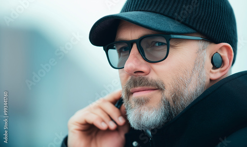 Man adjusting a discreet hearing aid while walking through a busy city, highlighting inclusivity and accessibility in a modern urban environment.
