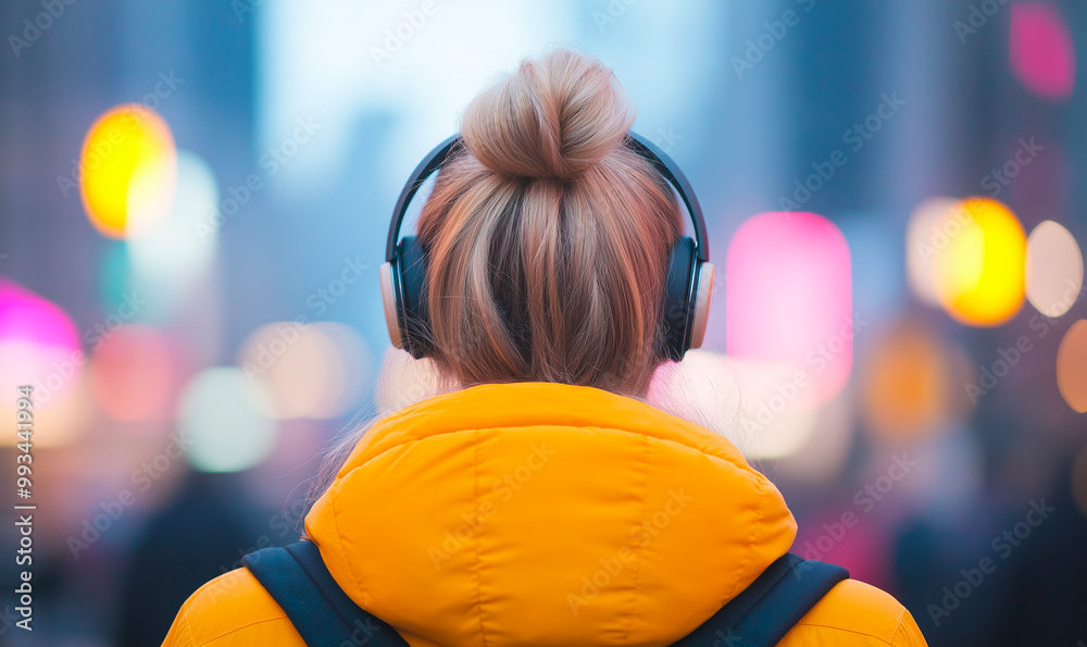 Rear view of a woman wearing headphones and a yellow jacket, walking through an urban setting, symbolizing personal time, relaxation, and the modern urban lifestyle. Rear view of a woman wearing headphones and a yellow jacket, walking through an urban setting, symbolizing personal time, relaxation, and the modern urban lifestyle.