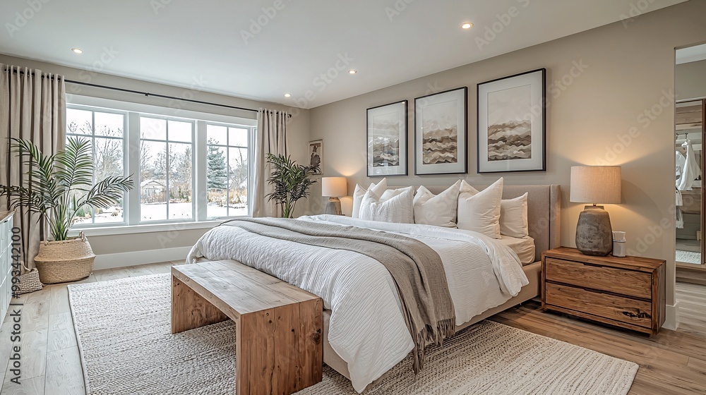 Modern Bedroom Interior Design with White Bedding Wooden Nightstand and Large Windows Modern Bedroom Interior Design with White Bedding Wooden Nightstand and Large Windows
