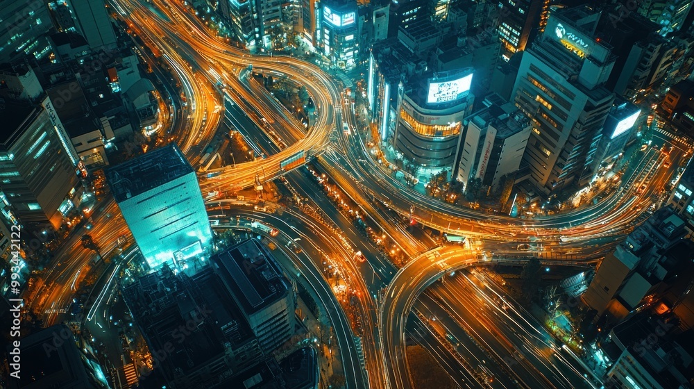 Aerial View of a Complex Highway Interchange at Night with Brightly Lit Buildings Aerial View of a Complex Highway Interchange at Night with Brightly Lit Buildings
