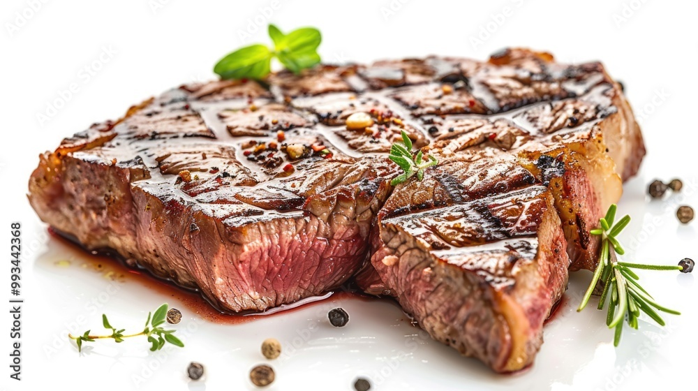 A juicy piece of grilled steak served on a white plate with a fresh sprig of rosemary A juicy piece of grilled steak served on a white plate with a fresh sprig of rosemary