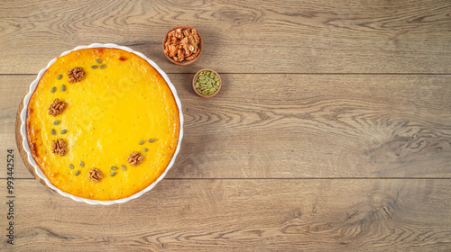 Homemade Thanksgiving Pumpkin Pie on a wooden background. top view. copy space photo