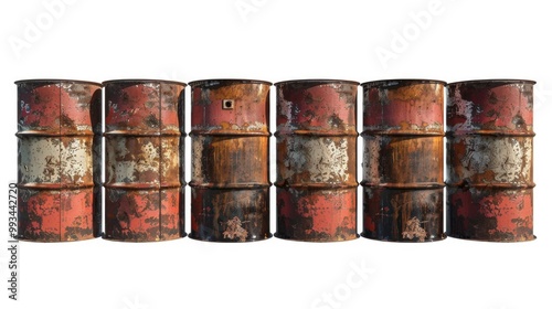 Row of old metal drums lined up side by side, worn out and rusty