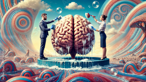 Brainwashing idiom - giant brain is being washed by people with brushes, symbolizing brainwashing, propaganda, manipulation, and indoctrination.
