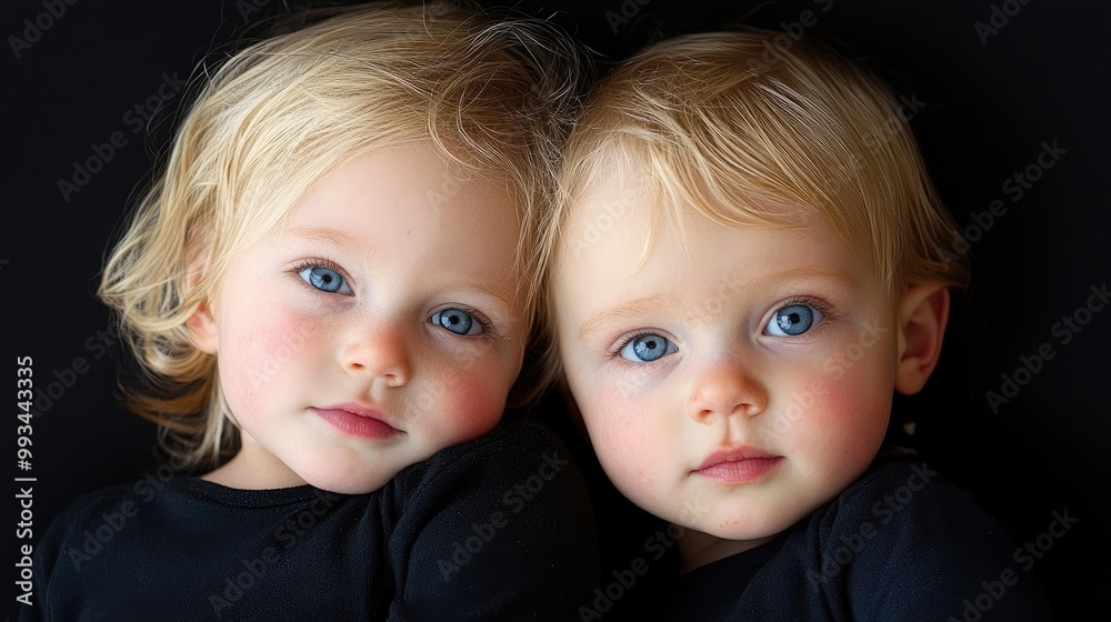 Close-up portrait of Caucasian twin toddlers with bright blue eyes Close-up portrait of Caucasian twin toddlers with bright blue eyes