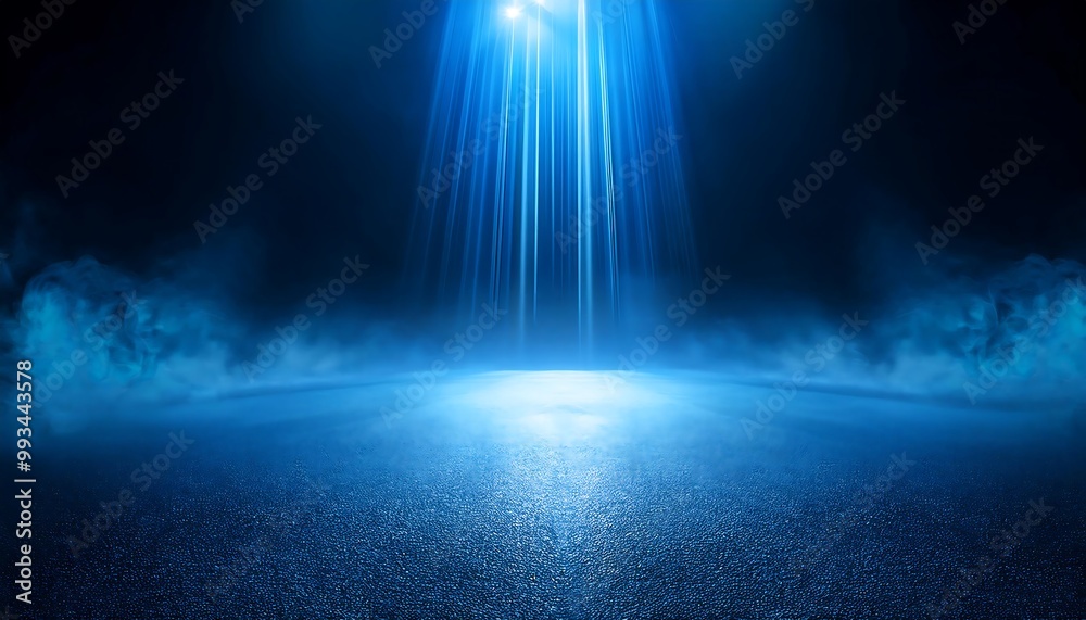Fototapeta premium Rays and Spotlights Illuminating an Empty Dark Scene with Blue Light Background