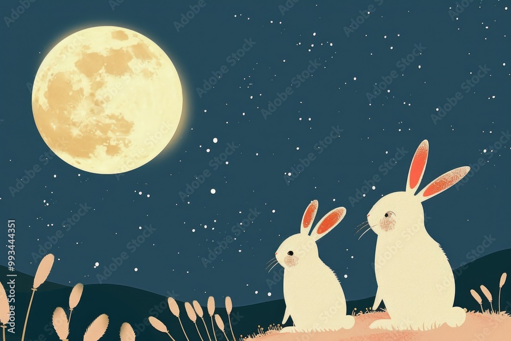 Two rabbits sit together on a green field, perfect for a peaceful scene or illustration Two rabbits sit together on a green field, perfect for a peaceful scene or illustration
