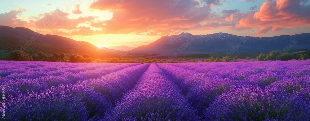 Fototapeta premium Sunset over a Lavender Field with Mountain Views and Vibrant Colors