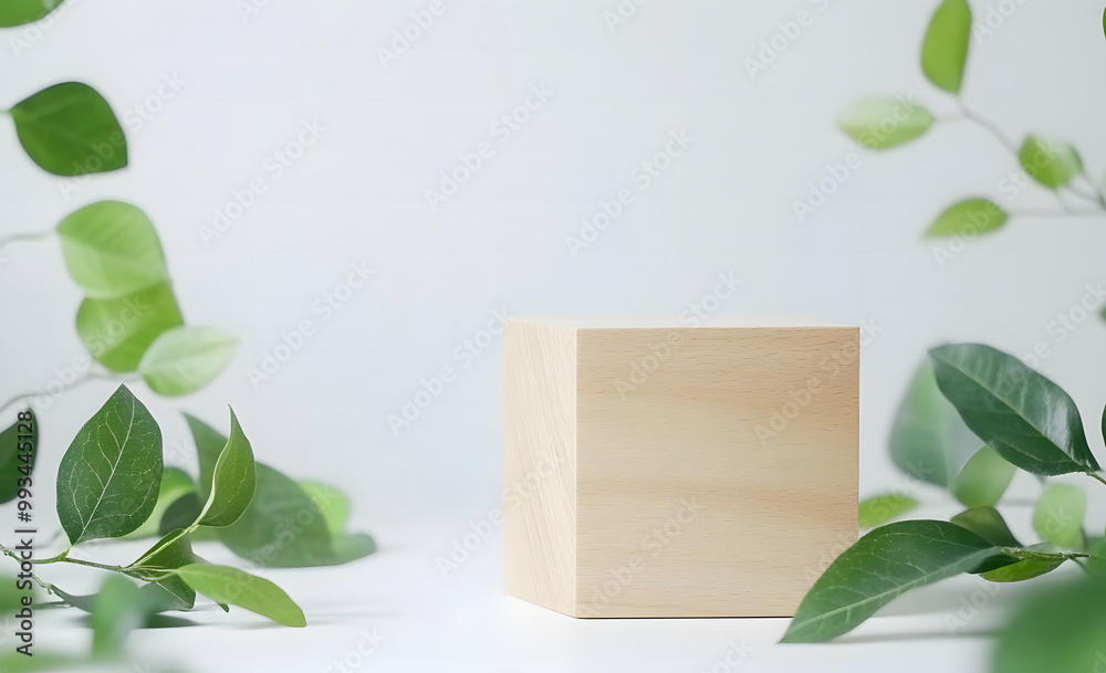 Minimalist Wooden Display Platform with Fresh Green Leaves – Eco-friendly Product Showcase Minimalist Wooden Display Platform with Fresh Green Leaves – Eco-friendly Product Showcase