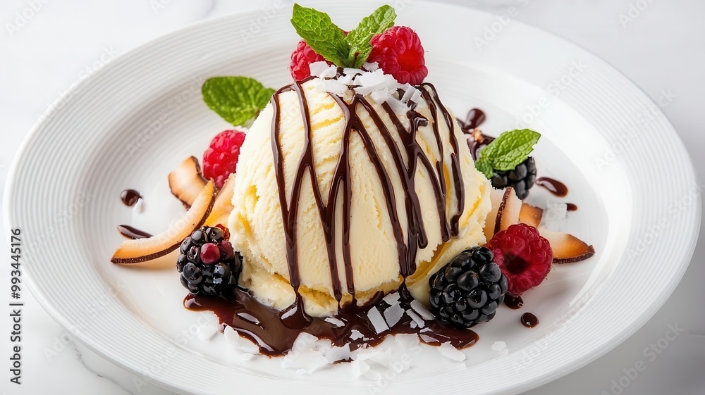 Coconut ice cream plated with chocolate shavings, garnished with toasted coconut, fresh berries, and a coconutcaramel sauce drizzle for a tropical twist, 3D illustration Coconut ice cream plated with chocolate shavings, garnished with toasted coconut, fresh berries, and a coconutcaramel sauce drizzle for a tropical twist, 3D illustration