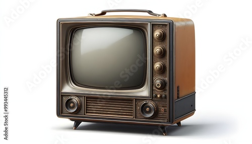 An old vintage retro tv television set with blank screen and isolated on a white background.