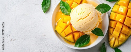 Scoop of mango ice cream elegantly plated, surrounded by fresh mango slices and a drizzle of passion fruit coulis for a tropical presentation, 3D illustration
