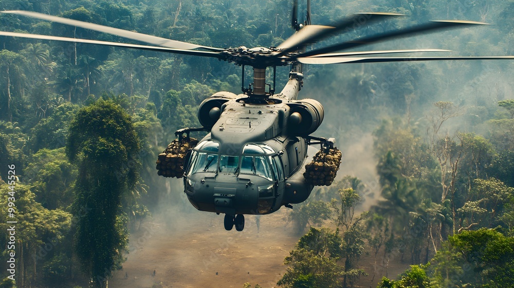 Aerial view of a military helicopter transporting personnel and supplies to a remote location, highlighting the logistical challenges and precision needed in military air transport. Aerial view of a military helicopter transporting personnel and supplies to a remote location, highlighting the logistical challenges and precision needed in military air transport.