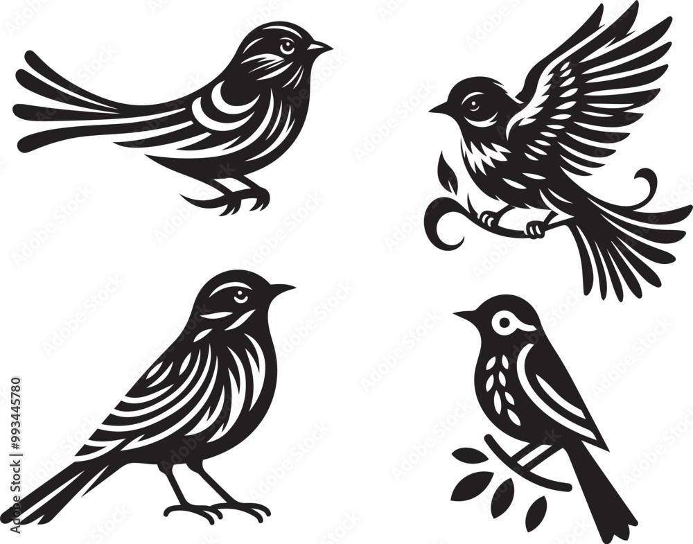 Obraz premium Black bird silhouette vector illustration, solid white background