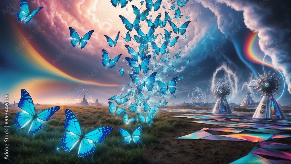 Obraz premium Blue Butterflies in Ethereal Landscape with Futuristic Structures and Dramatic Skies Exuding a Surrealist Dreamlike Quality in Natural and Geometric Harmony